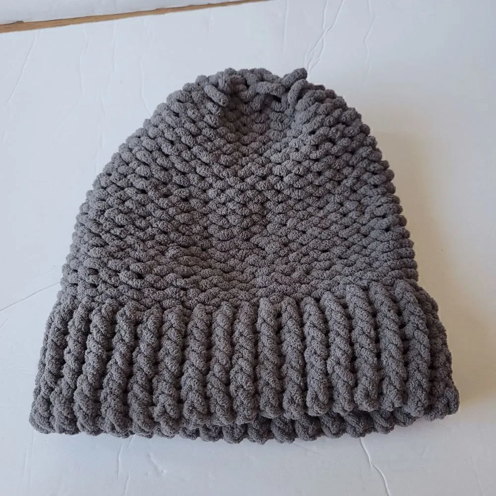 Hand made gray crochet cable knit beanie hat one size